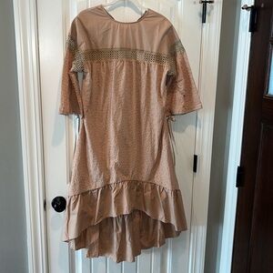 Tan adorable peasant dress boho hippie eyelet ruffles 3/4 bell sleeve NWT sz 12